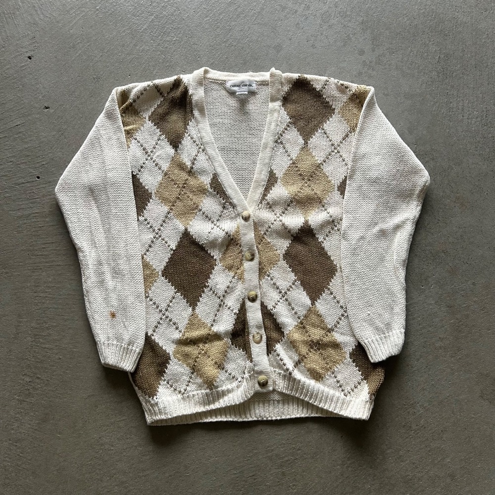 Vintage 90s Casual Corner Cardigan Sweater‎ Size Small Cream Geometric Knit